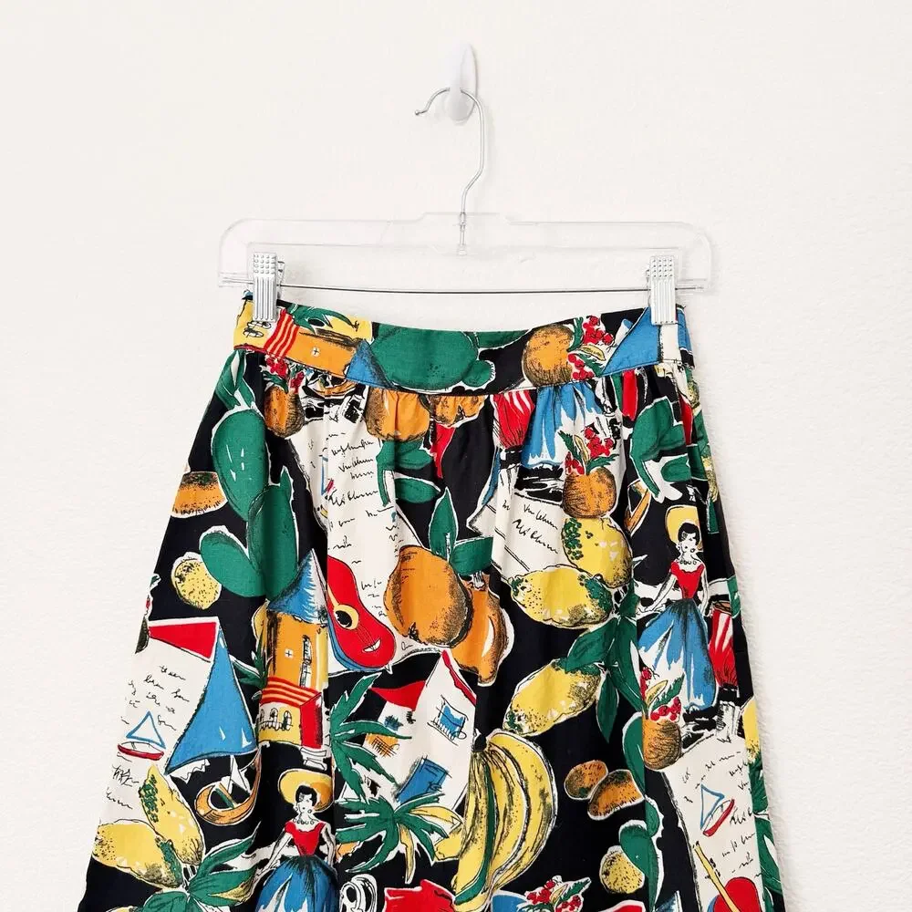 [J. Crew] Novelty Print Postcard Spain Fruit Button Front A-Line Midi Skirt Sz 0